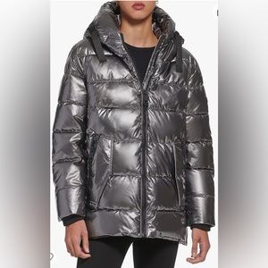 New DKNY Glossy Gunmetal Puffer Coat Size S
